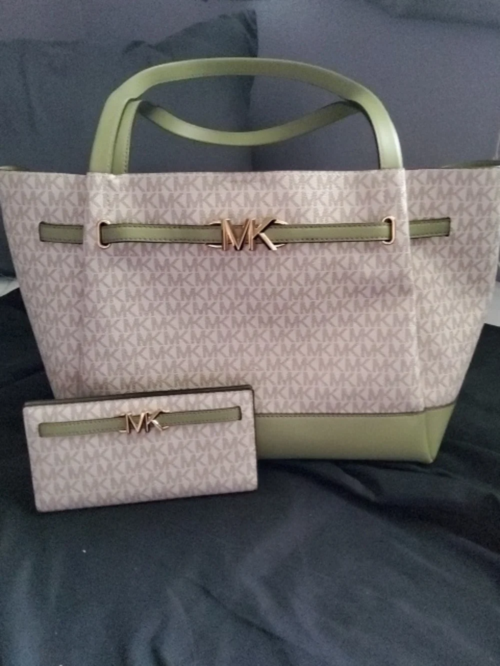 New Michael Kors Beige Logo Tote with Olive Green Trim and Matching Wallet